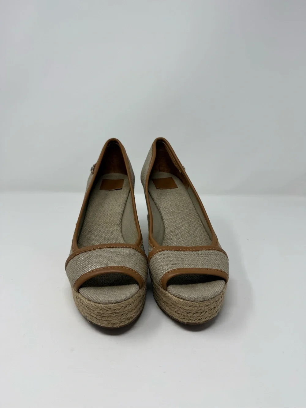 Tory Burch Taupe and Tan Espadrille Wedge Peep-Toe